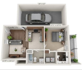A 3D floorplan of the 1 bedroom layout at The Villas at Lavinder Lane