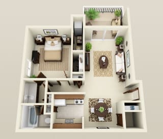 One Bedroom One Bath Barrier Free 760 Sq.Ft Floor Plan. at Three Oaks Apartments in Troy, Michigan