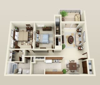Two Bedrooms One,  Bath Barrier Free 960 Sq.Ft. Floor Plan, at Three Oaks Apartments in Troy, MI