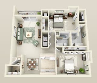 Two Bedrooms Two Baths, 1,250 Sq. Ft Floor Plan at Prentiss Pointe Apartments in Harrison Township, Michigan