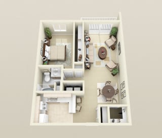 One Bedroom One Bath, Washer/Dryer, Breakfast Bar, 900 sq. ft. Floor Plan at Dover Hills Apartments in Kalamazoo, MI