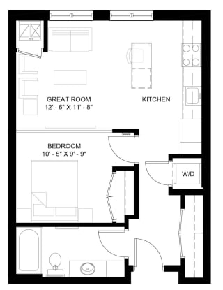 Whitney studio floor plan with separated bedroom