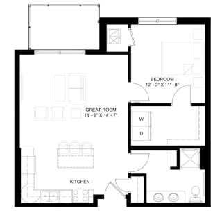 The Hayes 1-bedroom floor plan layout
