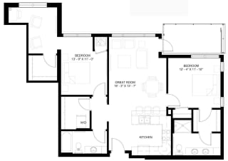 The Denali L floor plan with two bedrooms and two baths on each side of the living room