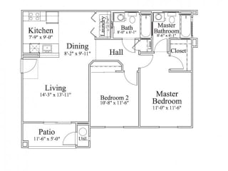 2 Bedroom 2 Bath Floor Plan, 1,016 square feet with patio