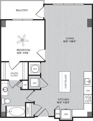 Kitchen Island and Balcony A1a One Bedroom Floor Plan with Balcony at Apartments in Vinings