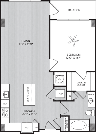 Kitchen Island and Balcony A1e One Bedroom Floor Plan with Balcony at Apartment Homes For Rent in Vinings, GA