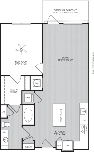A1d One Bedroom Floor Plan with Optional Balcony at Apartments in Vinings