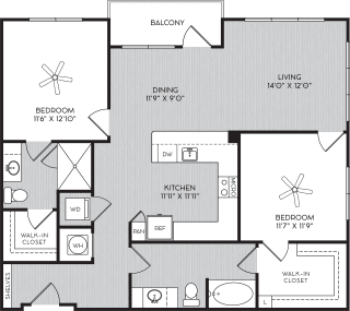 Breakfast Bar and Balcony B2a Two Bedroom Floor Plan with Balcony at Apartments in Vinings