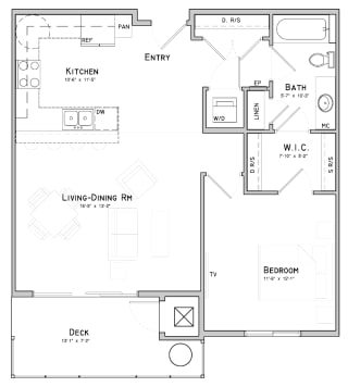 One bedroom layout-Azalea floor plan for rent at WH Flats in South Lincoln NE