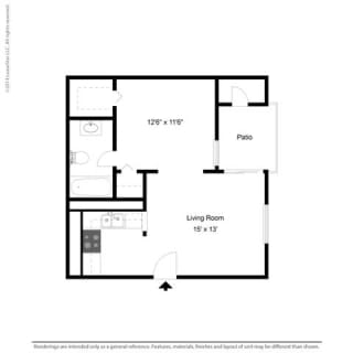 E1 - Studio bedroom 1 bath Floor Plan at Park at Caldera, Midland, 79705