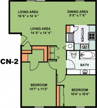Floor Plan Two Bedroom One Bathroom (CN2)