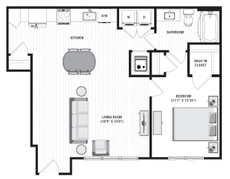 839 square foot 1 bedroom floor plan