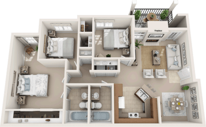 3 Bedroom 2 Bathroom floor plan at The Life at Westland Estates, Fort Worth