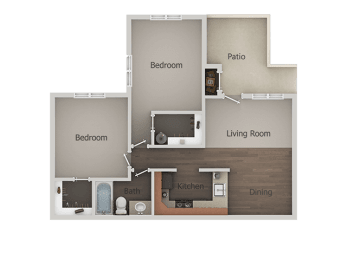 2 Bedroom 1 Bathroom Floor Plan at River Point&#xA0;Apartments, Arizona, 85712
