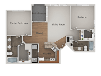 Two Bed Two Bath Floor Plan at Canyon Ridge Apartments, Surprise, 85378