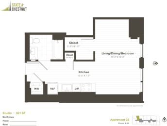 Studio Floorplan at State &amp; Chestnut Apartments, Chicago, IL