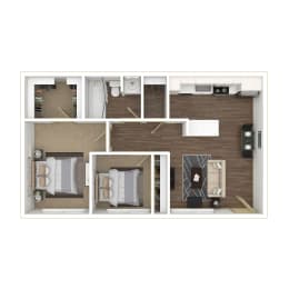 Two Bedroom, One Bathroom Floor plan 3D furnished image