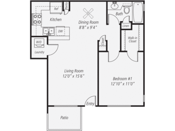 One Bedroom Renovated Floor plan, at Park Pointe, 2450 Hilton Head Place