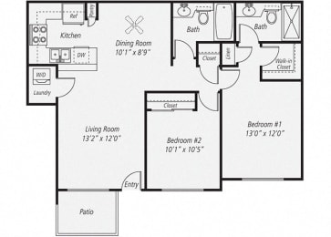 Two Bedroom/Two Bath Floor plan, at Park Pointe, El Cajon, California