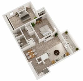 Two bedroom, one and a half bathroom apartment home 3D floor plan at Berry Falls Apartments, Vestavia Hills, Alabama