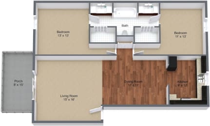1065 square foot 2-bedroom, 1-bathroom floor plan at Heritage On the River Apartments, Jacksonville, FL