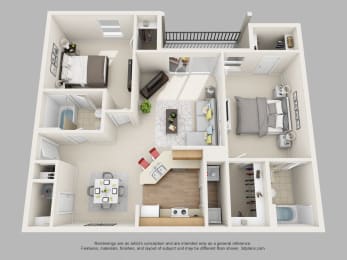Weston Circle 2 Bedroom 2 Bathroom 3D Floor Plan