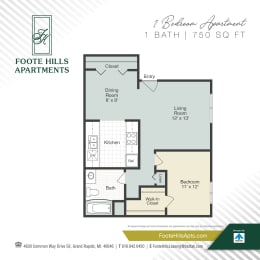 One Bedroom 750 Floor Plan at Foote Hills, Grand Rapids, MI