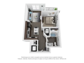 Grissom 1 Bed 1 Bath Floor Plan at The Century at Purdue Research Park, West Lafayette, 47906