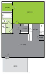1 bedroom 1 bathroom B Floor plan at Bend at Oak Forest, Houston, 77092