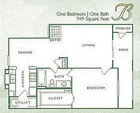 1 Bed 1 Bath, 755 square feet floor plan 1 Bed 1 Bath B