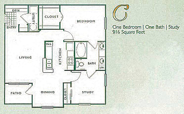 2 Bed 1 Bath, 916 square feet floor plan  2 Bed 1 Bath C