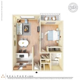 1 Bed, 1 Bath, 621 square feet floor plan 3d furnished