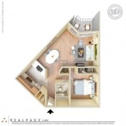 1 Bed, 1 Bath, 650 square feet floor plan Jr. 3d furnished