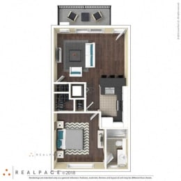 1 Bed, 1 Bath, 520 square feet floor plan 3d furnished
