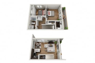 2 Bed 1 Bath 895 square feet floor plan townhouse 3d furnished