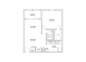 1 Bed, 1 Bath, 768 sq. ft. Crane floorplan