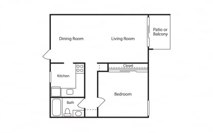1 Bed, 1 Bath, 654 sq. ft. Spruce floorplan