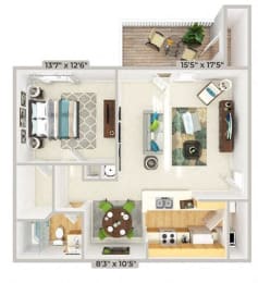 3d furnished 1 Bed 1 Bath 909 square feet floor plan Cypress