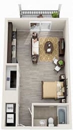 1 Bed -1 Bath 553 square feet 3d furnished floor plan Lafayette