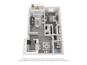 1 Bed, 1 Bath, 728 sq. ft. Small floor plan