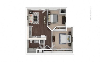 2 Bed 1 Bath 695 square feet floor plan B1 3d furnished