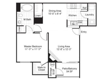 1 Bed 1 Bath 745 square feet floor plan