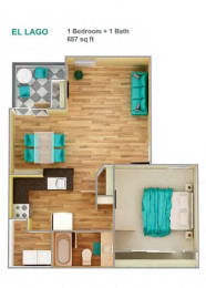 1 Bed, 1 Bath, 657 sq. ft. El Lago floor plan