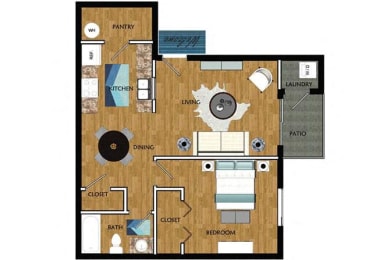 1 Bed 1 Bath 704 square feet floor plan furnished THE CLUB