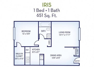 1 Bed, 1 Bath, 651 sq. ft. Iris floor plan
