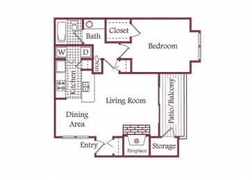 1 Bed, 1 Bath, 766 square feet floor plan A2