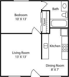 1 Bed - 1 Bath |528 sq ft floorplan