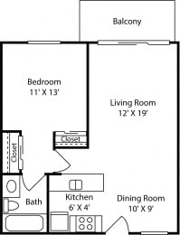 1 Bed - 1 Bath |672 sq ft floorplan