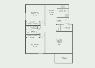 2 Bed, 1 Bath, 950 sq. ft. B floor plan